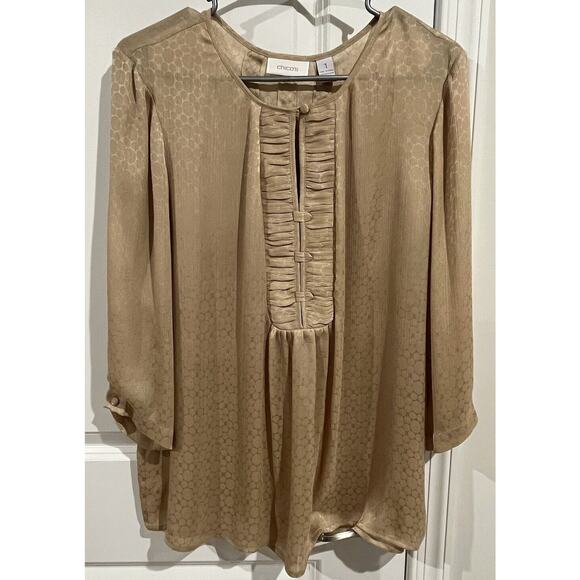 Chicos Size 1 Gold Soft And Silky Pull Over Top, 3/4 Sleeves - Picture 1 of 5